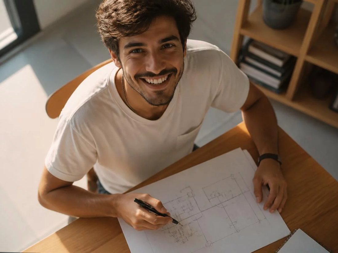 Duas pessoas relendo anotações num tablet apoiado numa mesa de madeira