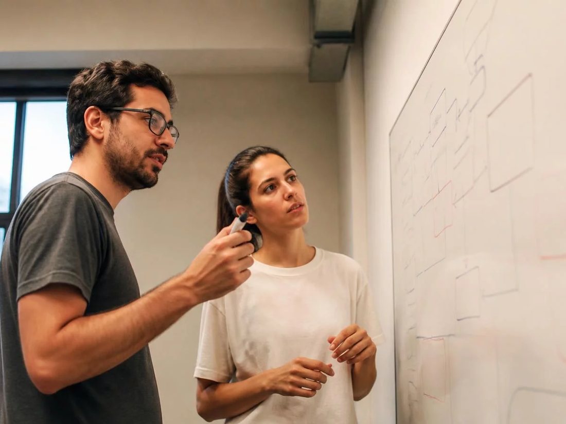 Dupla em pé diante de um quadro branco com o esqueleto de um argumento desenhado